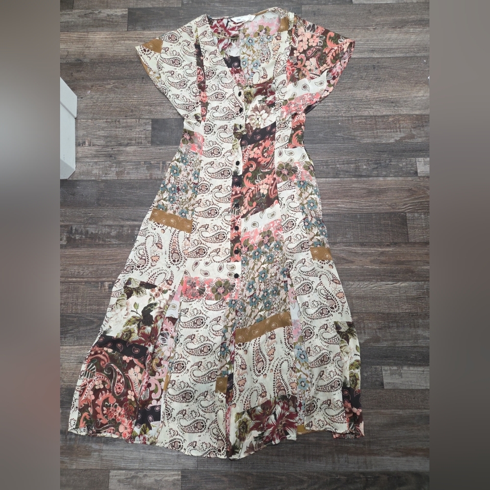 Zara Asymmetrical Floral Patchwork Dress - Cream, Brown, Pink